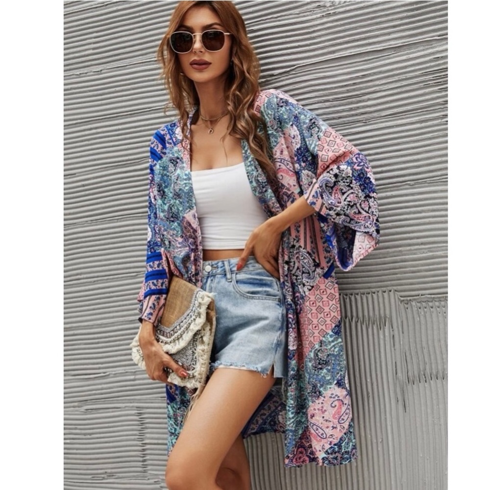 NEW! Silky Boho multicolour paisley patchwork print kimono